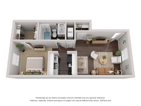 Floor plan for 1 bed, 1 bath, 556 sqft